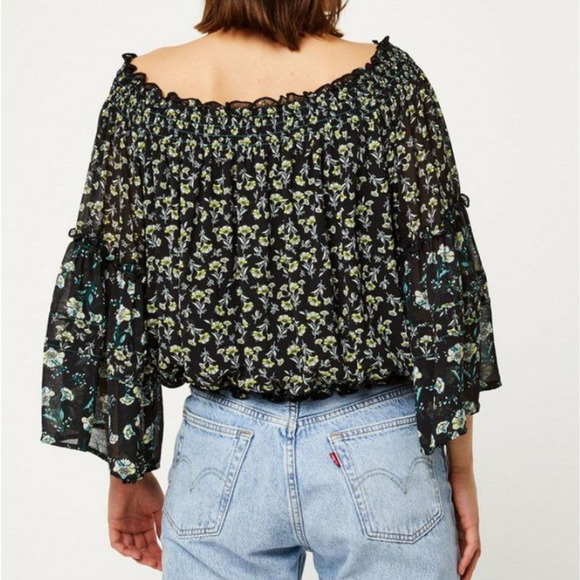 Free People Black Rose Valley Floral Off The Shoulder Cottagecore Peasant Blouse - Picture 2 of 14